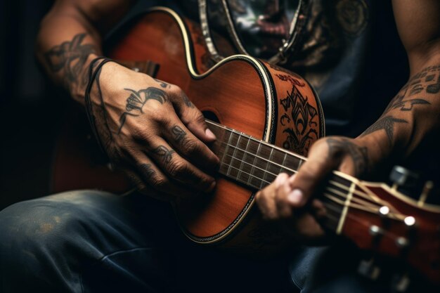 Insegnante musicista caucasico di talento artista maschio irriconoscibile da vicino le mani maschili che suonano la chitarra