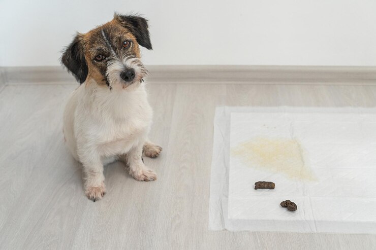 Insegnare al cane a pulire la toilette Allevare animali domestici Addestramento alla toilette del cucciolo seduto su un pannolino