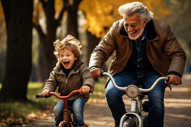 Insegnare la tradizione del nonno che guida il figlio in bicicletta Ai generativa