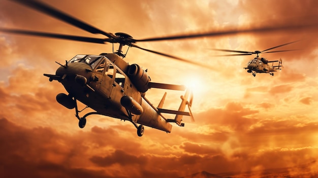 Inseguendo il tramonto Veduta aerea di due elicotteri in volo IA generativa