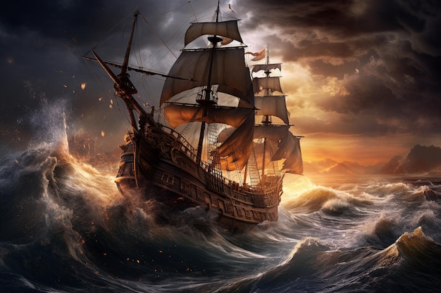 Inseguimento dei pirati in alto mare nell'età dell'oro