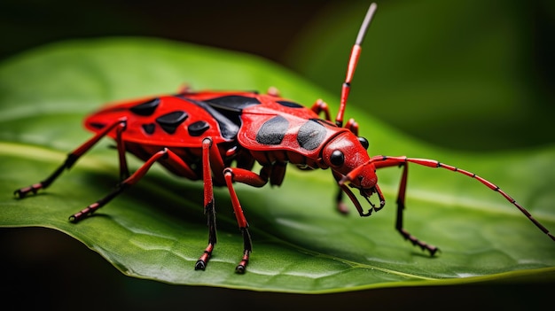 Insetto rosso su foglia verde Una vista ravvicinata dei contrasti della natura