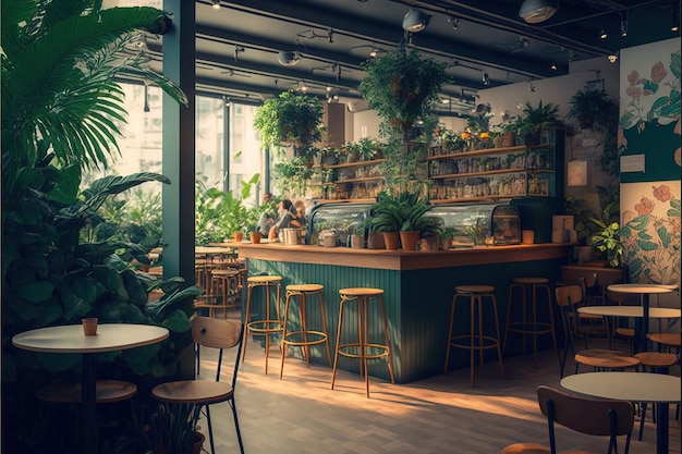 Inside Garden Pub Restaurant interior design di un eco bar ecosostenibile AI generativa