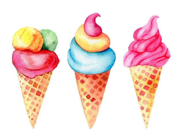 Insieme dei dolci: vaniglia, fragola, pistacio, gelato alla menta in un'illustrazione dell'acquerello dell'annata dei coni della cialda isolata