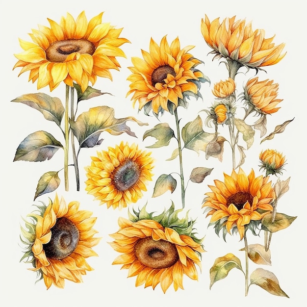 insieme dei girasoli dell'acquerello su sfondo bianco