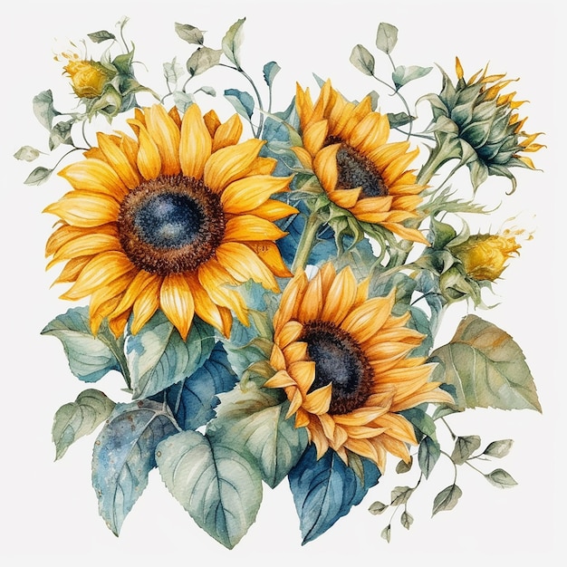 insieme dei girasoli dell'acquerello su sfondo bianco