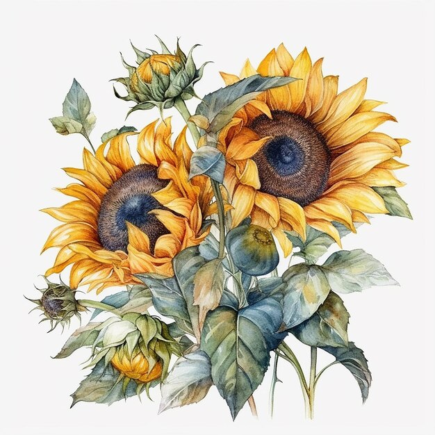 insieme dei girasoli dell'acquerello su sfondo bianco