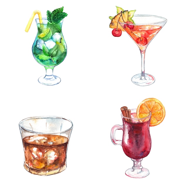 Insieme del cocktail dell'alcool della bevanda esotica dell'acquerello isolato