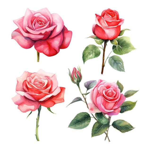 Insieme del fiore e della foglia rosa delle rose dell'acquerello su fondo bianco