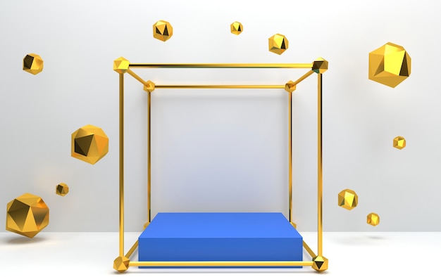 Insieme del gruppo di forma geometrica astratta, sfondo bianco, gabbia dorata, rendering 3d, piedistallo rettangolare all'interno del tetraedro dorato