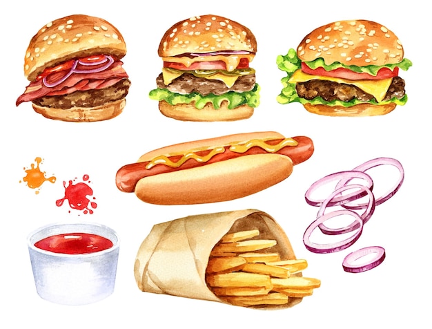 Insieme dell'acquerello dell'illustrazione disegnata a mano di fast food di hamburger con fettine di carne di cipolla pomodori sala