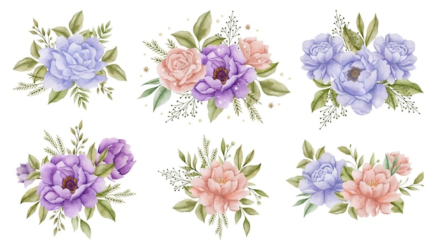 Insieme dell'acquerello di illustrazioni di mazzi di fiori di rose e peonie