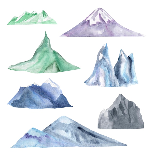 Insieme dell'acquerello di montagne, rocce e vulcani