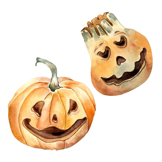 Insieme dell'illustrazione dell'acquerello delle zucche di festa di halloween isolata su fondo bianco