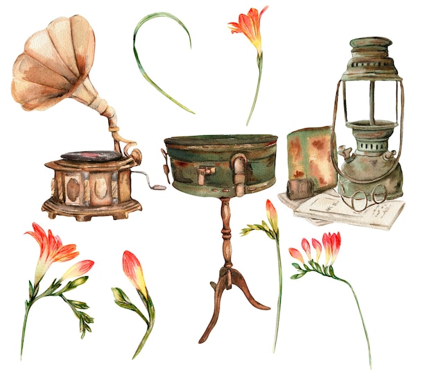 Insieme dell'illustrazione dell'acquerello di vecchi elementi arrugginiti con fiori di fresia