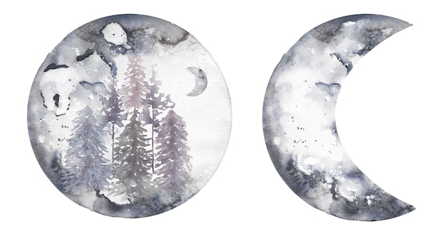 Insieme dell'illustrazione della luna della foresta Clipart della mezzaluna di inverno dell'acquerello