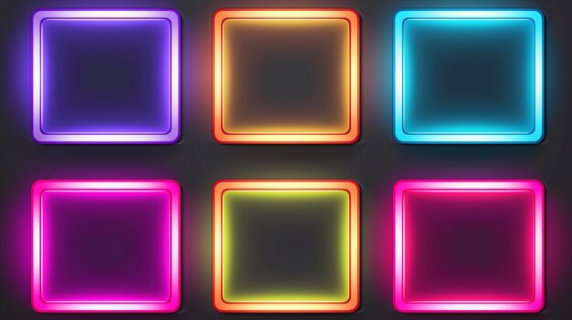 Insieme dell'insegna al neon isolata realistica della cornice quadrata colorata per il modello