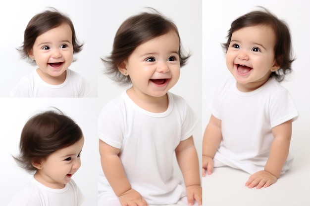 Insieme della foto del primo piano di un piccolo sorriso e di una risata svegli del bambino della neonata isolati su priorità bassa bianca