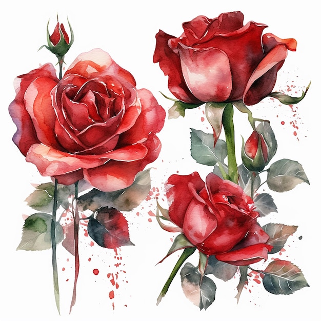 Insieme delle rose rosse dell'acquerello isolato su priorità bassa bianca