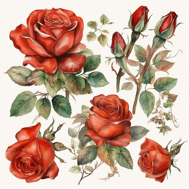 Insieme delle rose rosse dell'acquerello isolato su priorità bassa bianca