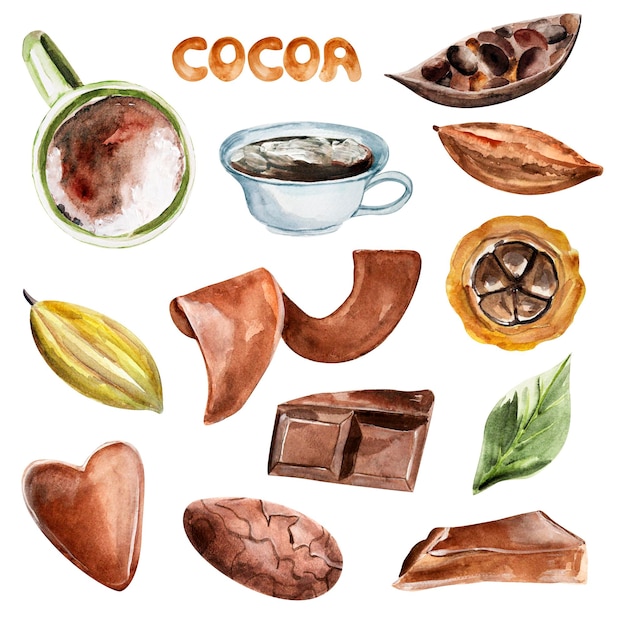 Insieme di elementi dell'acquerello di cacao e cioccolato