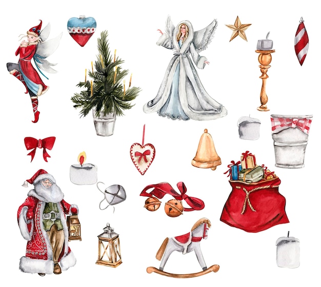 Insieme di elementi per il Natale Sacchetto rosso dell'albero di Natale con i regali elfo di angelo