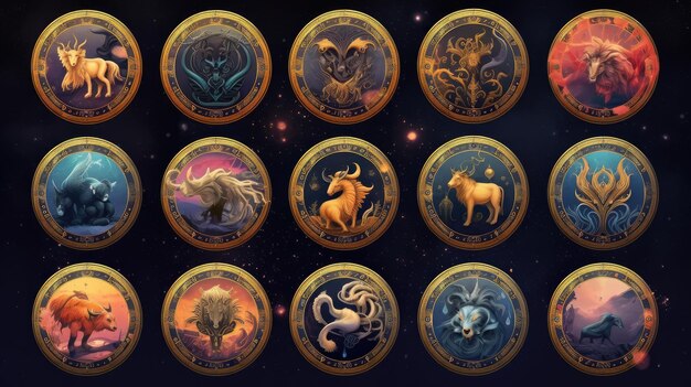 Insieme di segni zodiacali magici nel concetto di universo credenza indovino Generativo Ai