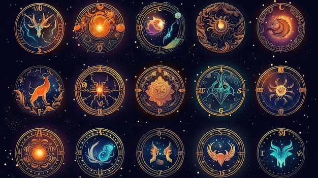 Insieme di segni zodiacali magici nel concetto di universo credenza indovino Generativo Ai