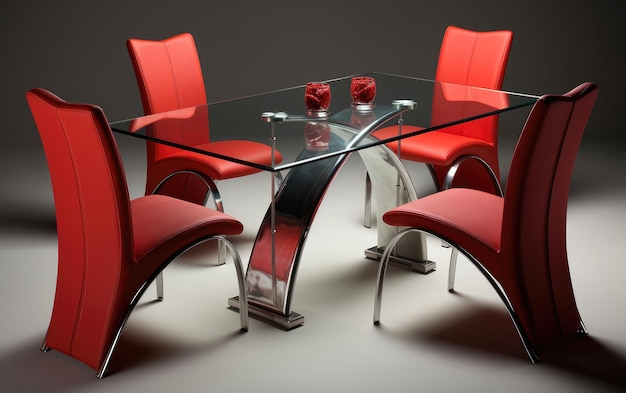 Insieme di tavoli da pranzo in vetro e sedili in pelle rossa. AI generativa