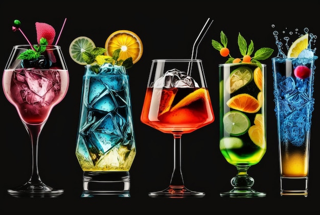 Insieme di vari cocktail su sfondo nero ai generativo