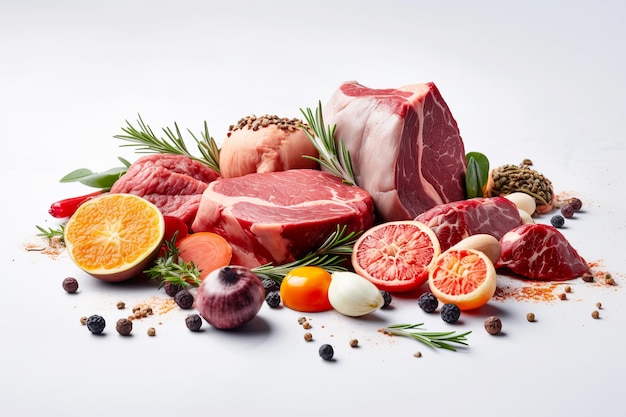 Insieme di varie verdure a base di carne cruda, erbe e spezie Illustrazione dell'IA generativa