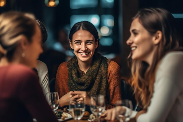 Insieme donna caffè amico ridendo gruppo ragazza sorridente seduta femmina felice Generativo AI