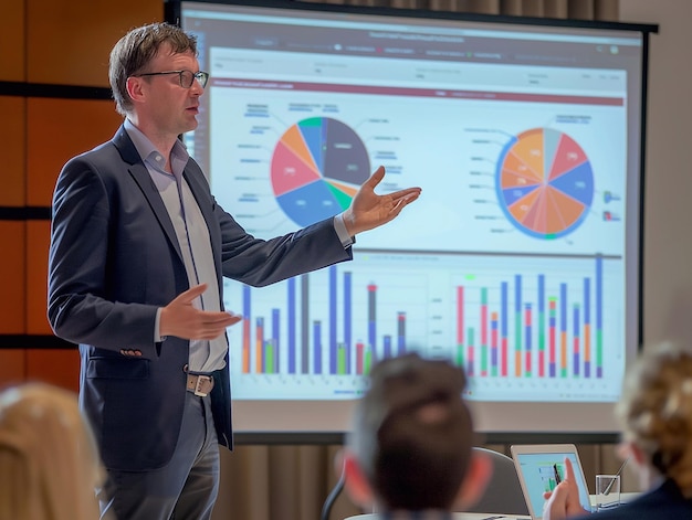 Insight strategici CEO Imprenditore mostra i dati per la presentazione alla conferenza aziendale