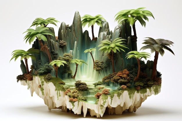 Insolita illustrazione 3D di un'isola tropicale concetto di viaggio e vacanza