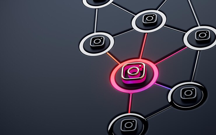 Instagram insegna al neon incandescente social networking iconico sfondo metallico scuro 3D rendering