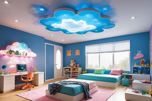 Installazione del soffitto a nuvola LED futuristico in una stanza per bambini