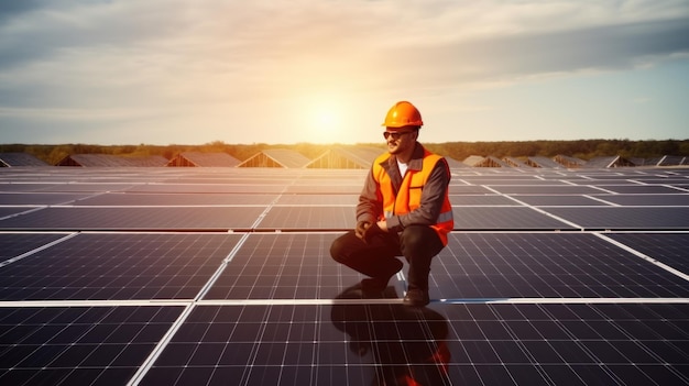 Installazione di pannelli solari per l'energia sostenibile L'ingegnere elettrico tiene in mano un computer portatile con pannello solare e ne controlla le prestazioni