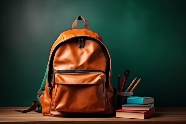 Installazione di studio organizzata Materiale scolastico che sporge dallo zaino sul tavolo IA generativa