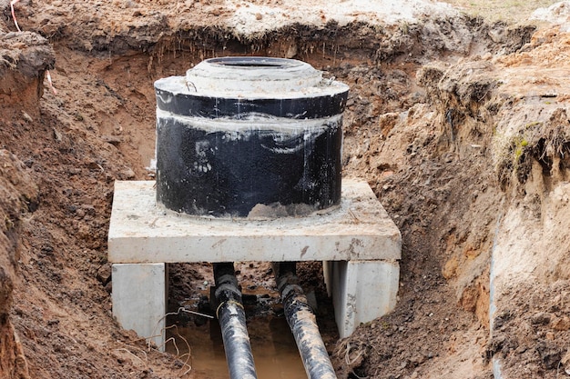 Installazione di un pozzo in cemento armato per l'approvvigionamento idrico e fognario in cantiere Anelli del pozzo con boccaporto in ghisa e strumento di costruzione
