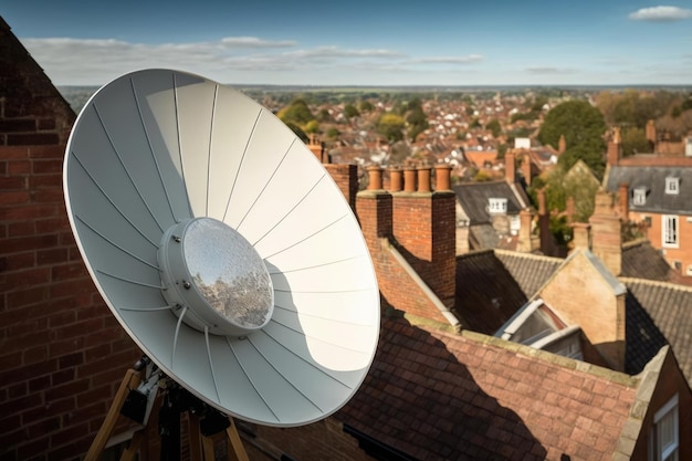 Installazione di una parabola satellitare sul tetto della villetta a schiera con vista sulla città