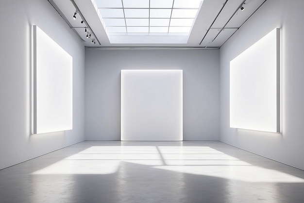 Installazioni luminose dinamiche in un modello di galleria d'avanguardia con spazio bianco vuoto per posizionare il tuo progetto