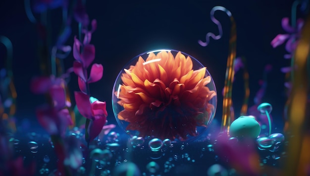 Installazioni surreali di un fiore colorato al neon sottomarino