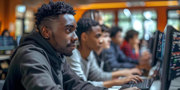 Instructor insegna informatica a diversi studenti con diapositive di codice di programmazione Concept Computer Science Programming Instruction Diverse Students InstructorStudent Interaction Code Slides