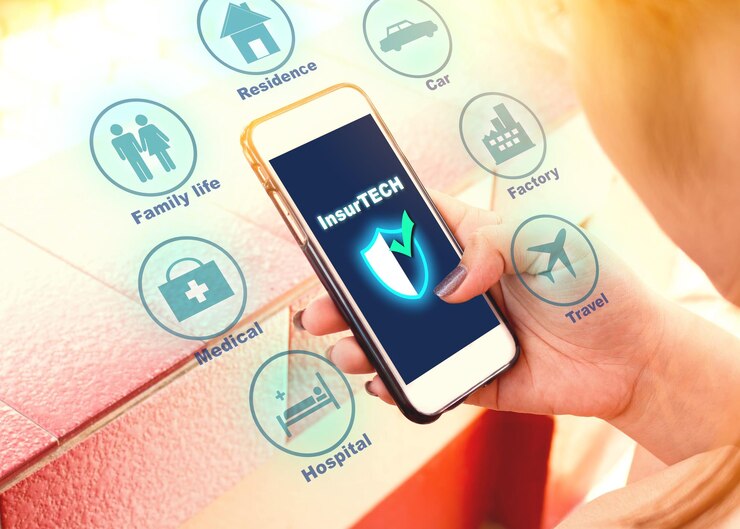 Insurance technology Insurtech concept woman looking data information on smartphone
