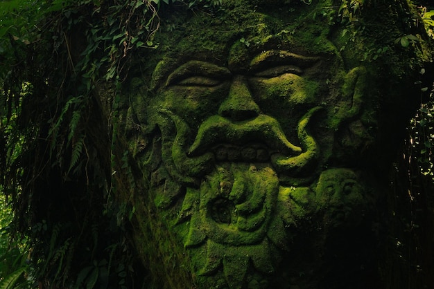 Intagliare i volti dei demoni sullo sfondo della parete ricoperta di muschio a Bali