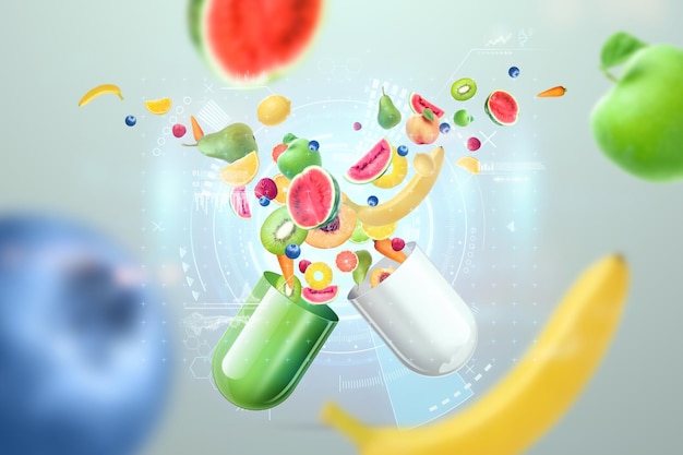 Integratore alimentare sotto forma di capsule medicinali e compresse nutrizionali con frutta all'interno. Medicina alternativa, vitamine, naturopatia, salute, omeopatia. Illustrazione 3D, rendering 3D.