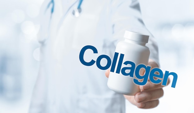 Integratori di collagene per la salute umana Il medico consiglia di assumere il collagene Il medico parla di Benefici collagene Vitamine e minerali essenziali per l'uomo Concetto di salute