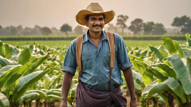 Intelligente e giovane contadino indiano coltivatore di banane coltivazione di banane contadino felice
