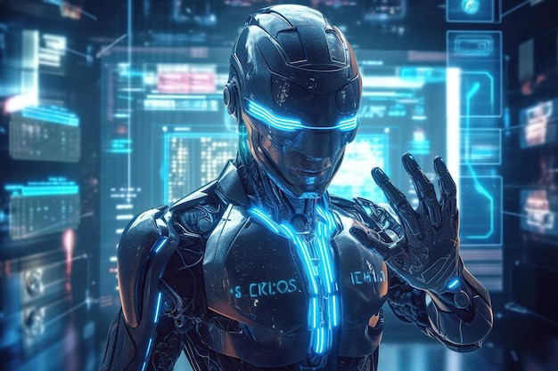Intelligenza artificiale AI ricerca 3D sullo sviluppo di robot e cyborg per il futuro delle persone che vivono Mineria digitale e progettazione tecnologica