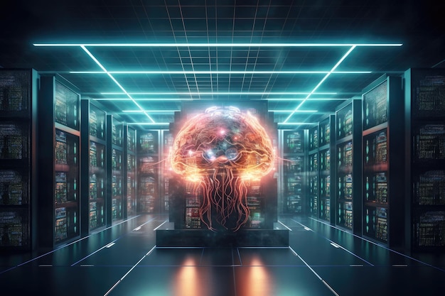 Intelligenza artificiale cervello digitale collegato al centro dati IA generativa